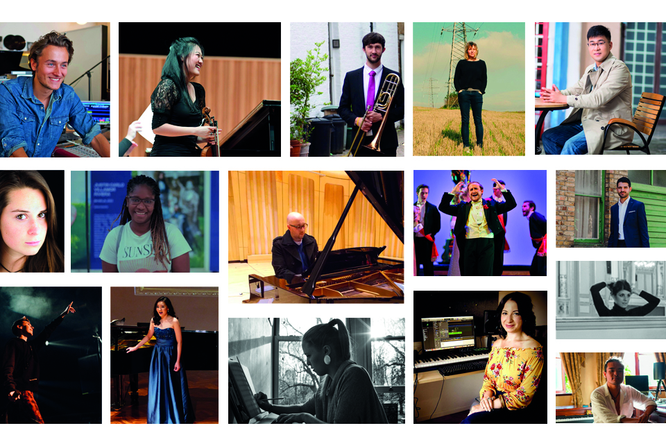 A coloured collage of 16 past Alumni Royal College of Music students. 